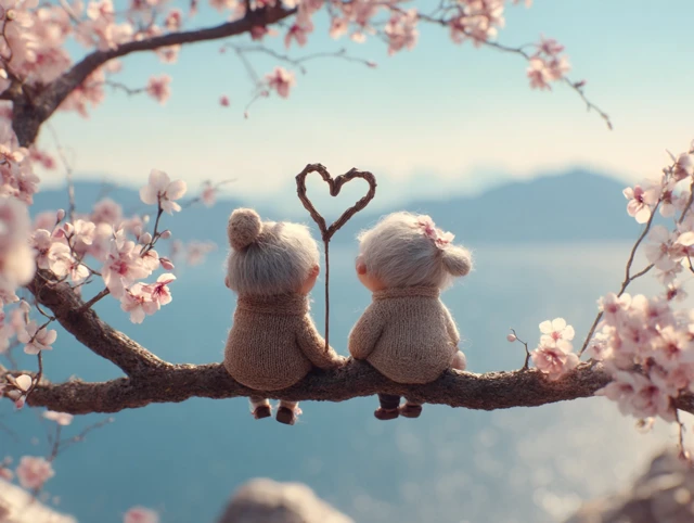 Old Couple in Love Blossoming Tree Scenic View