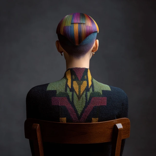 Geometric Haircut Woman on Chair Fashion Portrait