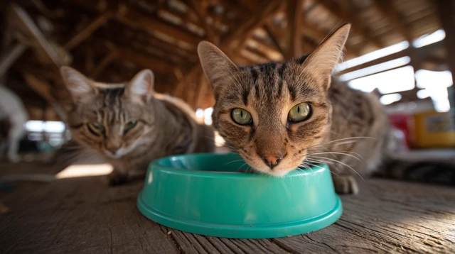 Tabby Cats Eating from Bowl Ranch Photography
