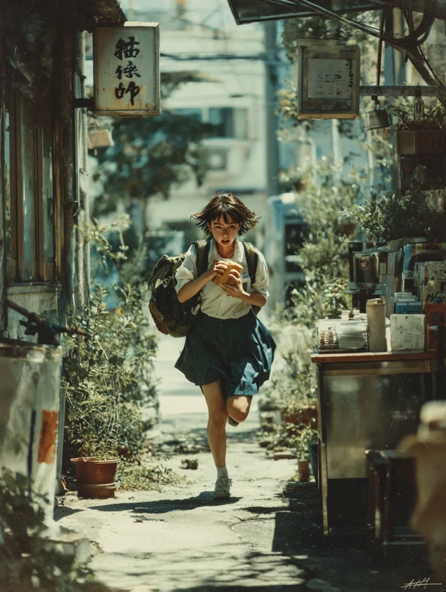 Japanese School Girl Running Eating Bread