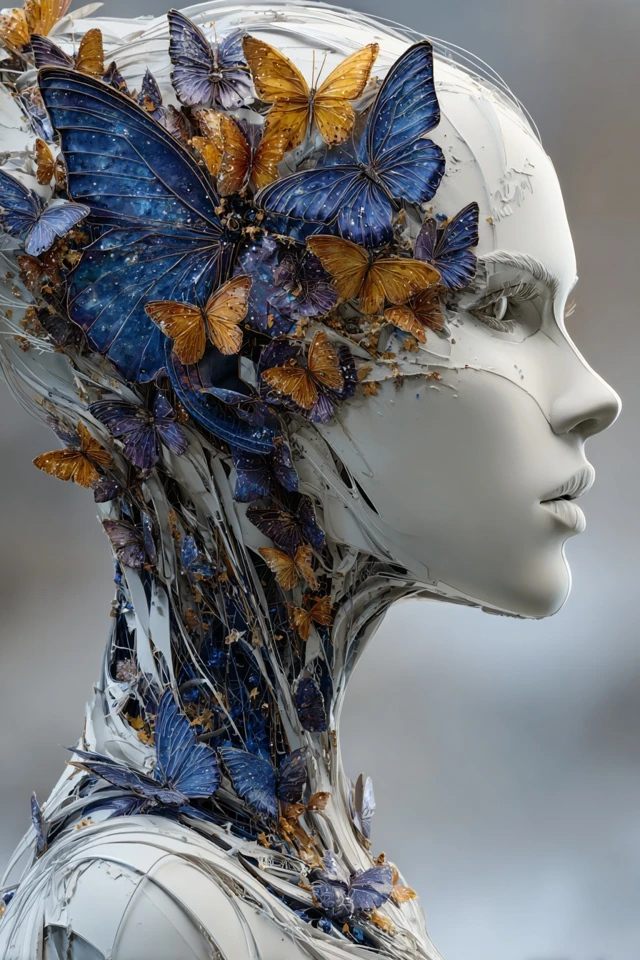 Surreal Woman Sculpture with Butterflies Art