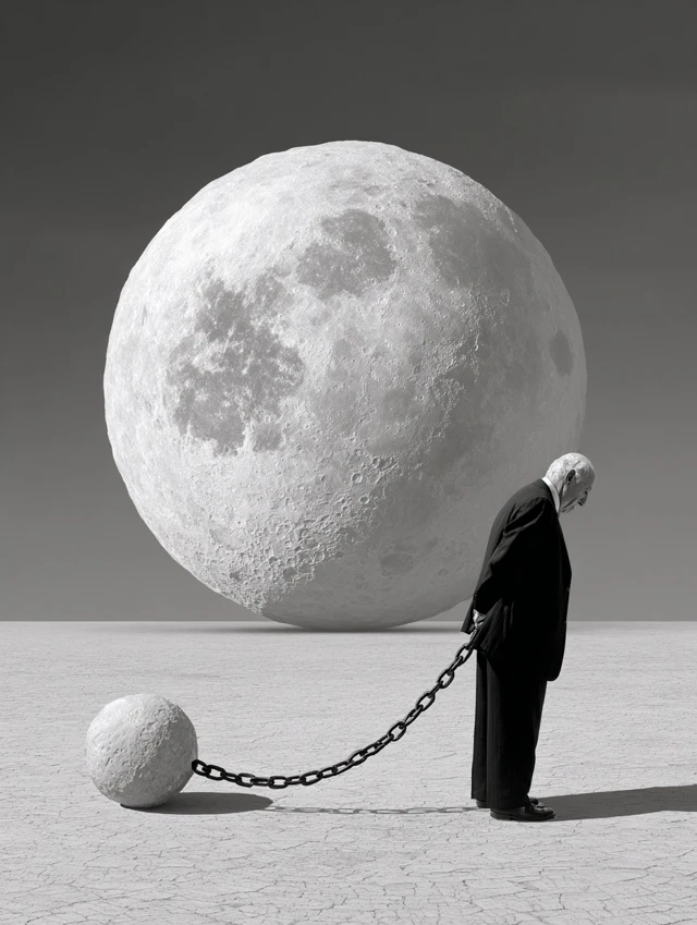 Surreal Image Man Carrying Burden Ball Chain