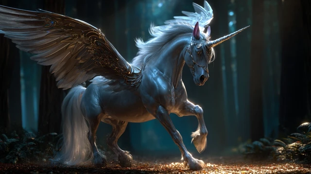 Realistic Unicorn with Wings Running Through Woods