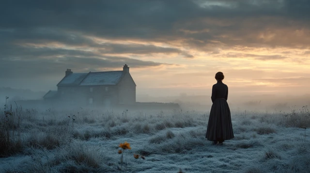 Woman in Frosty Field Dawn Rural Scene