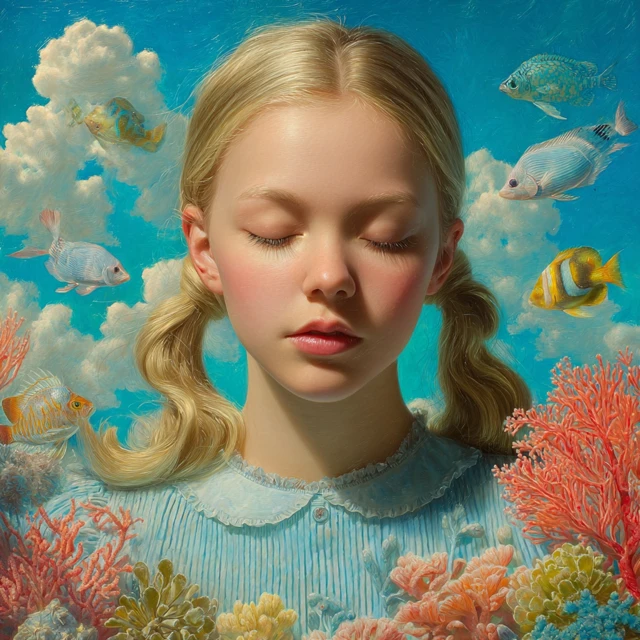 Dreamy Portrait Blonde Girl Underwater Fantasy