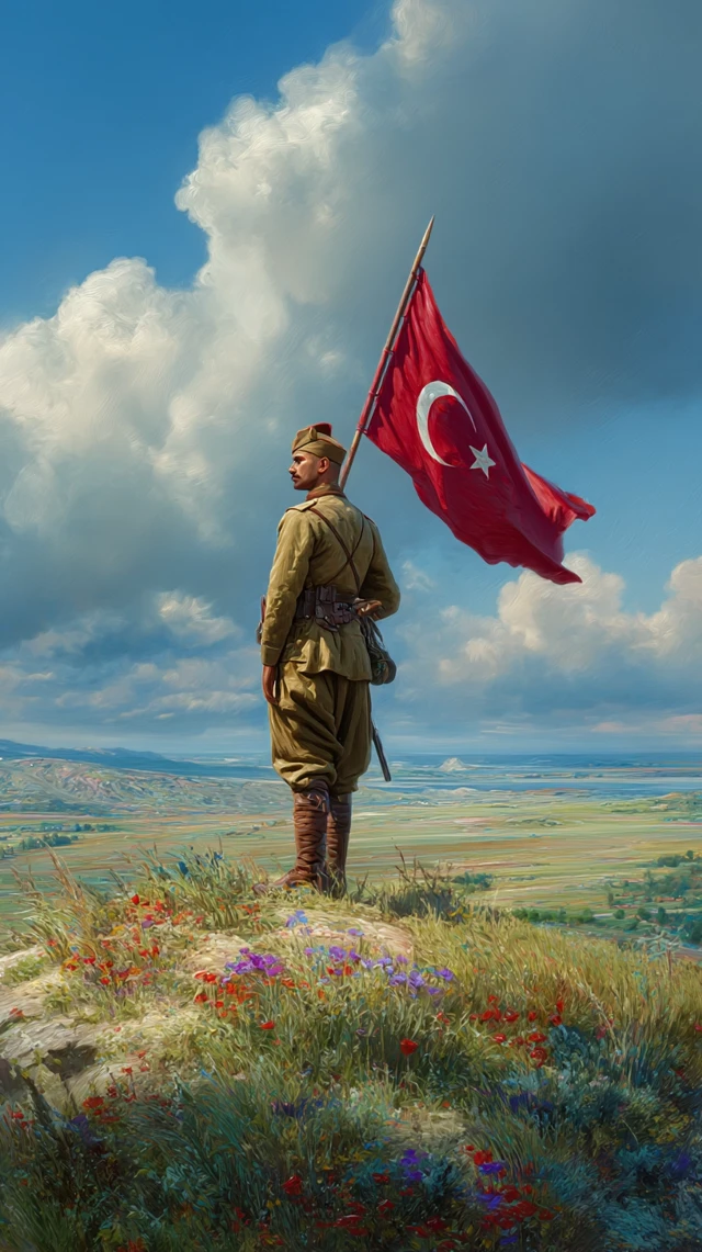 Turkish Soldier on Hilltop with Flag Dramatic Scene