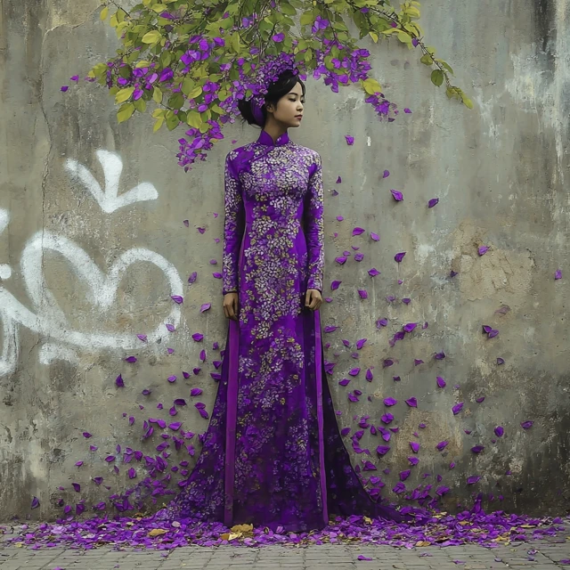 Vietnamese Woman in Ao Dai Violet Flowers Photo