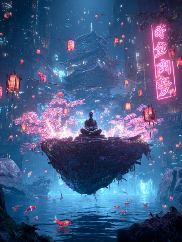 Cyberpunk Asian Temple Meditation Art 4K