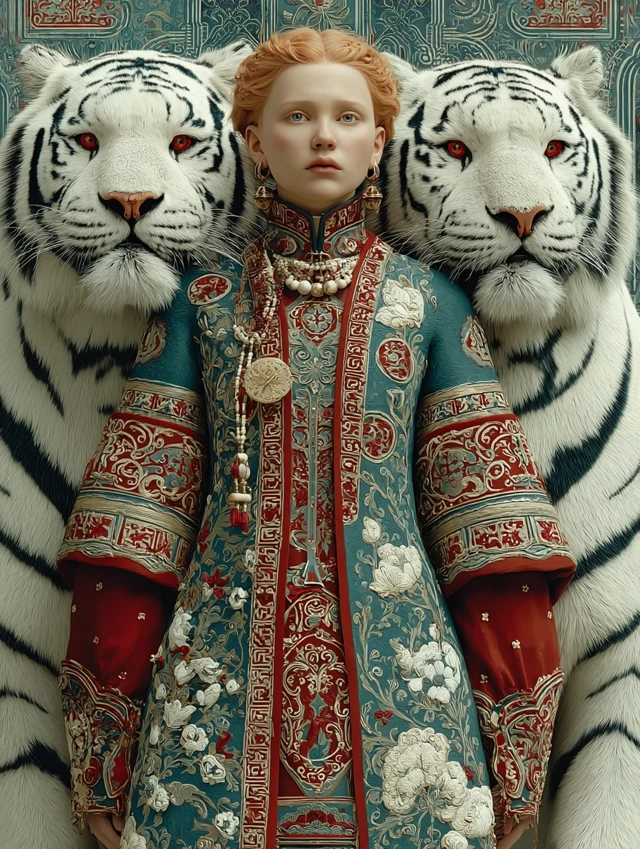 Red-Haired Woman and Tigers: Ancient Culture 3D Render
