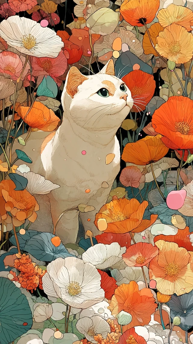 Cat in Flower Field Anime Style