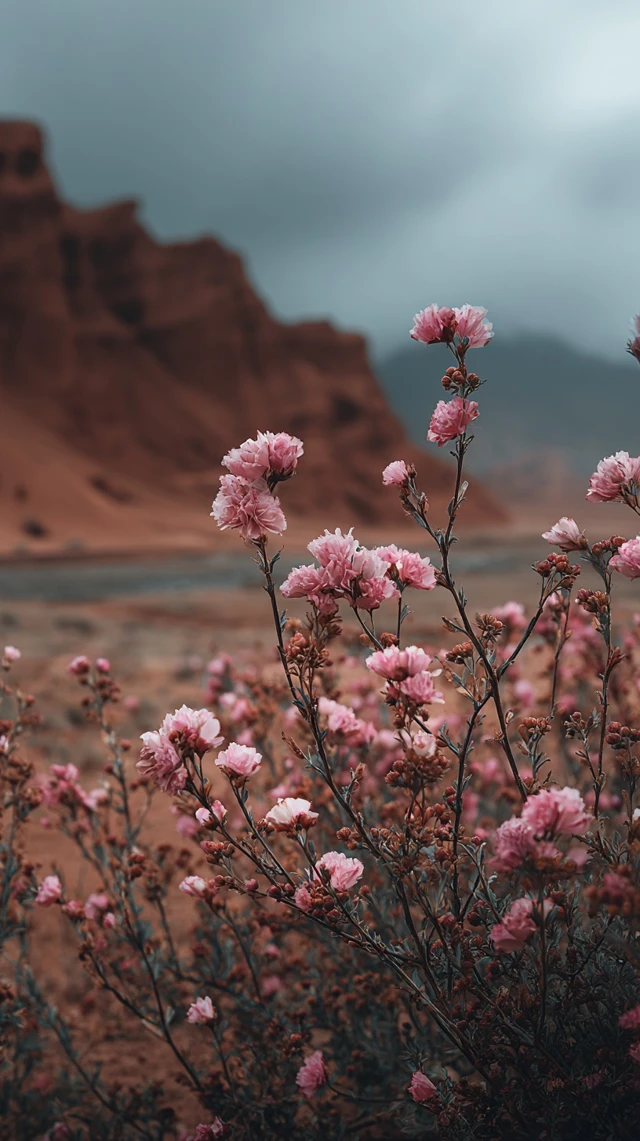 Pink Flowers in Gobi Desert Landscape