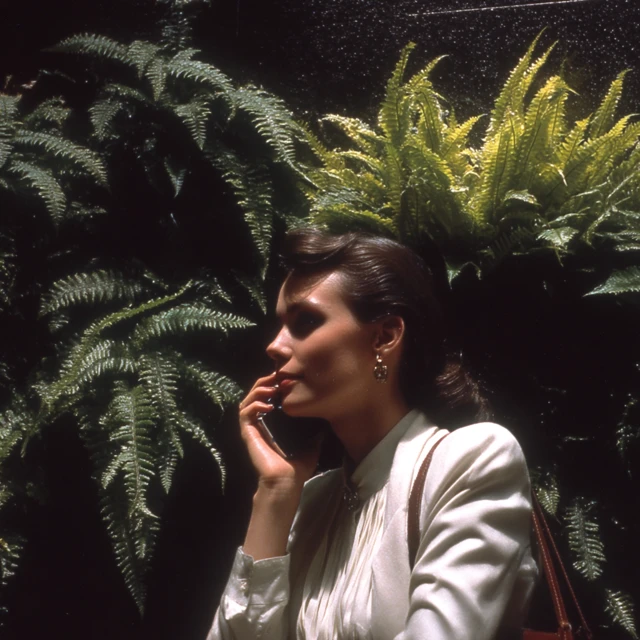 Woman on Phone 1980s Ferns Afternoon Sun