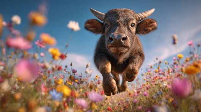 Happy Baby Longhorn Buffalo Jumping in a Meadow