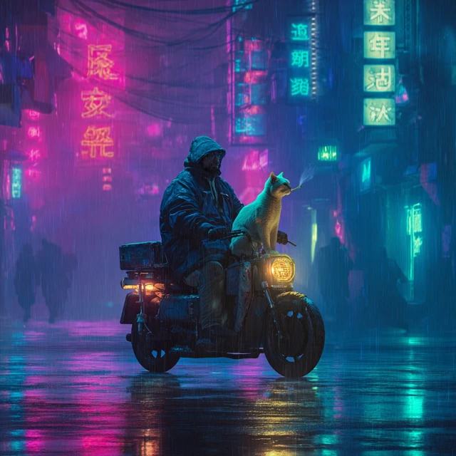 Cyberpunk Cats Riding Scooter in the Rain