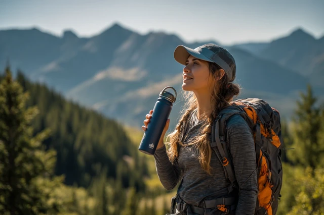Woman Hiking Mountains with Water Bottle and Backpack