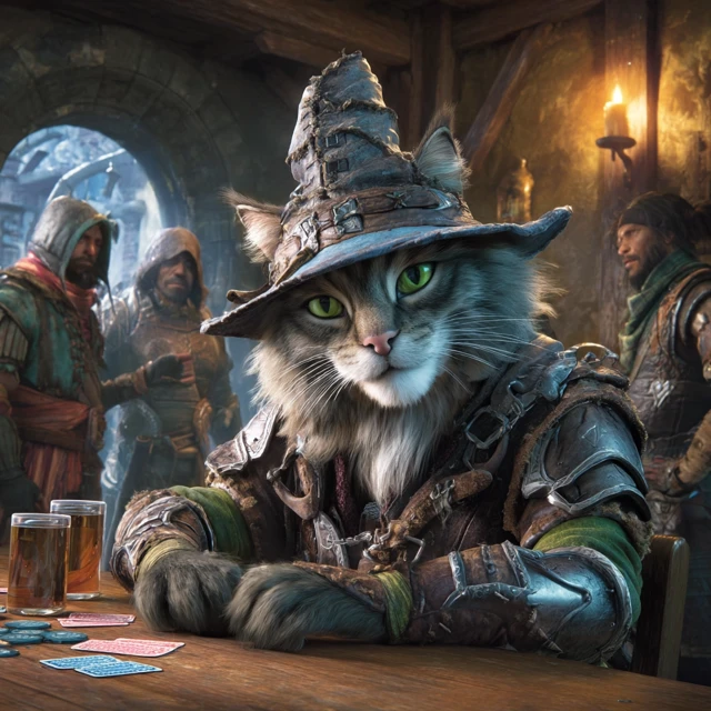 Fantasy Cat Wizard Playing Poker DND Scene