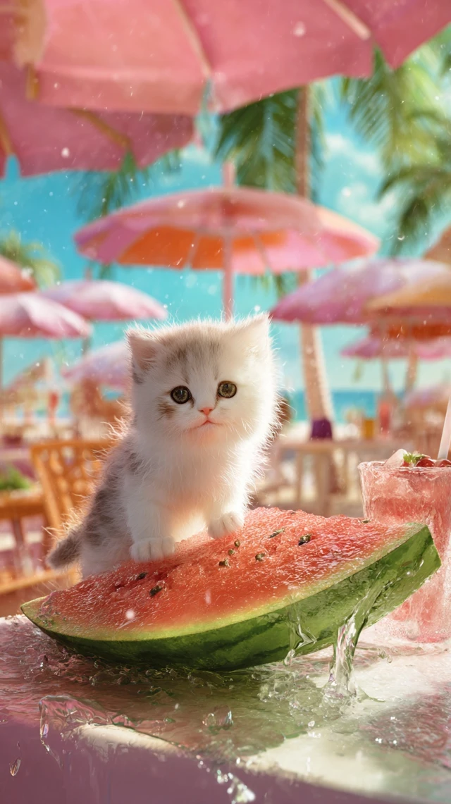 Cute Kitten and Watermelon Beach Cafe