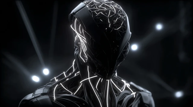 Futuristic AI Entity in Dark Geometric Space