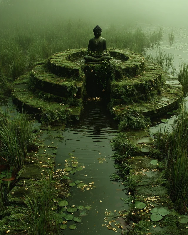 Mystical Shrine in Misty Marsh Cinematic Realism