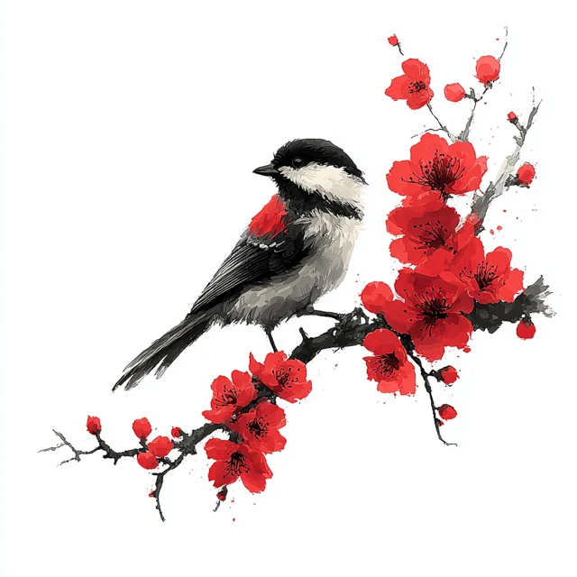 Oriental Bird on Cherry Blossom Branch Art