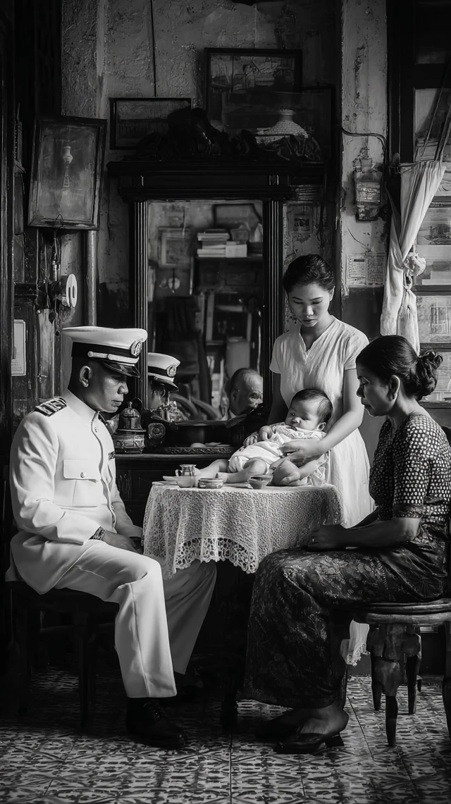 1940s Southeast Asian Family Portrait Black and White