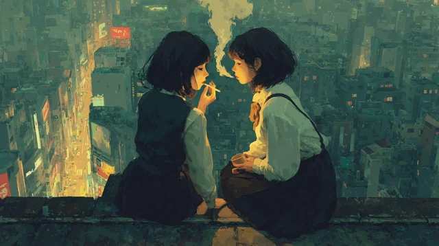 Anime Girls City Rooftop Smoke Art