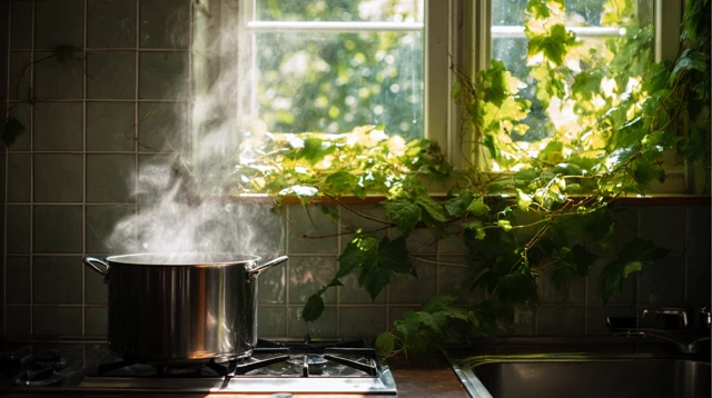 Boiling Water on a Gas Stove Kitchen Scene