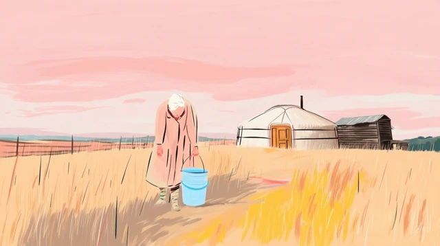 Mongolian Yurt Scene Mother and Bucket