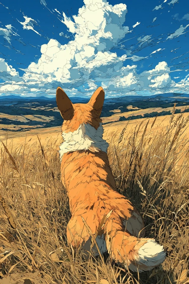Anime Dog in a Cornfield Peaceful Scene