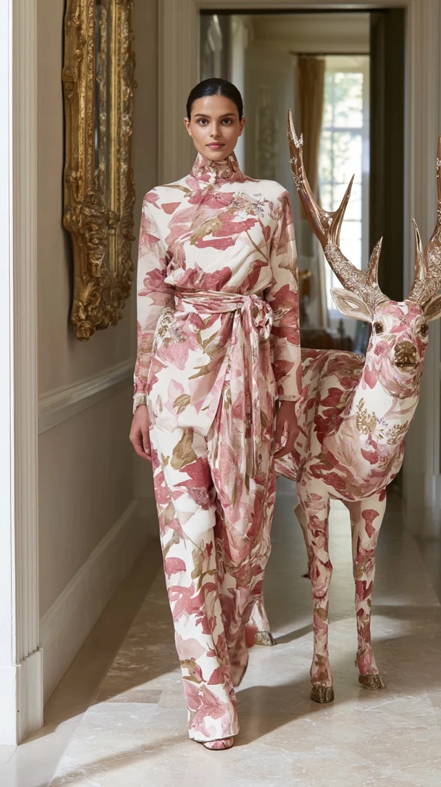 Elegant Woman and Floral Deer Luxury Interior