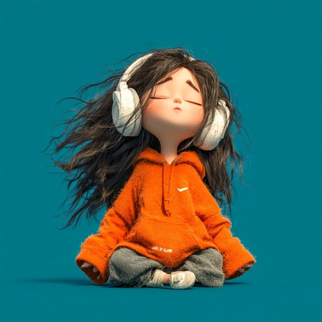 Cute Cartoon Girl with Headphones Listening to Music