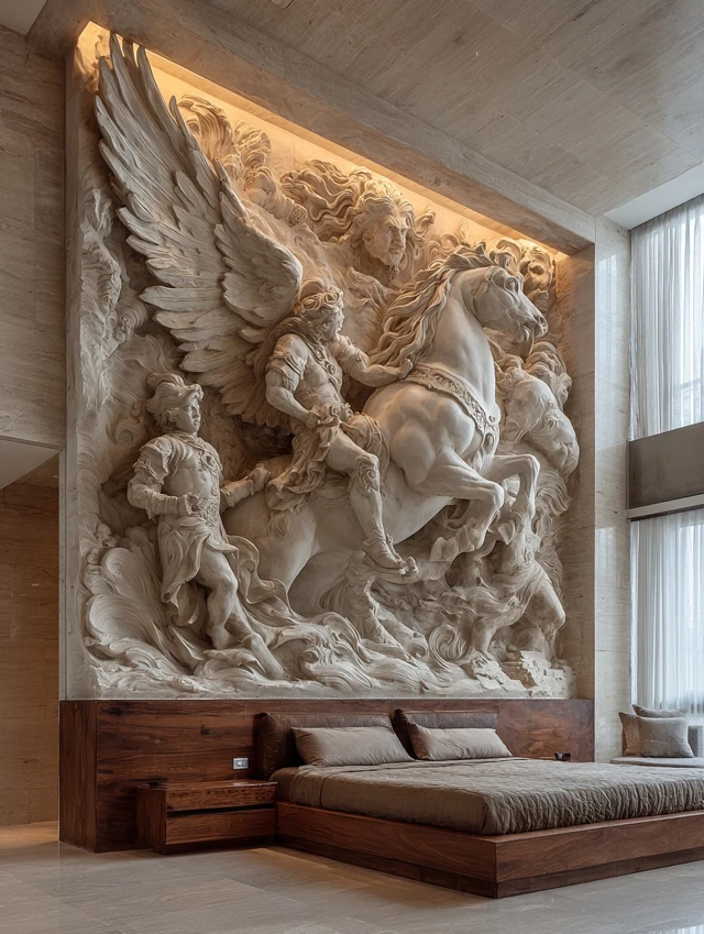 Luxury Bedroom with Horse Relief Mural