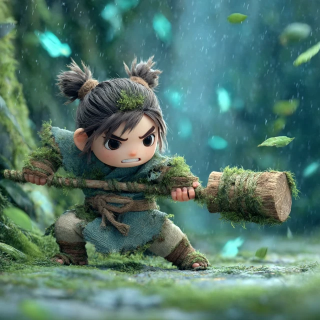 Chibi Warrior Child Fierce Expression Cinematic Render