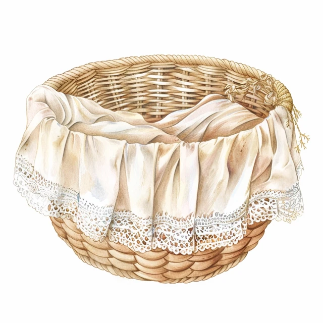 Wicker Basket with Lace Illustration Watercolor Style