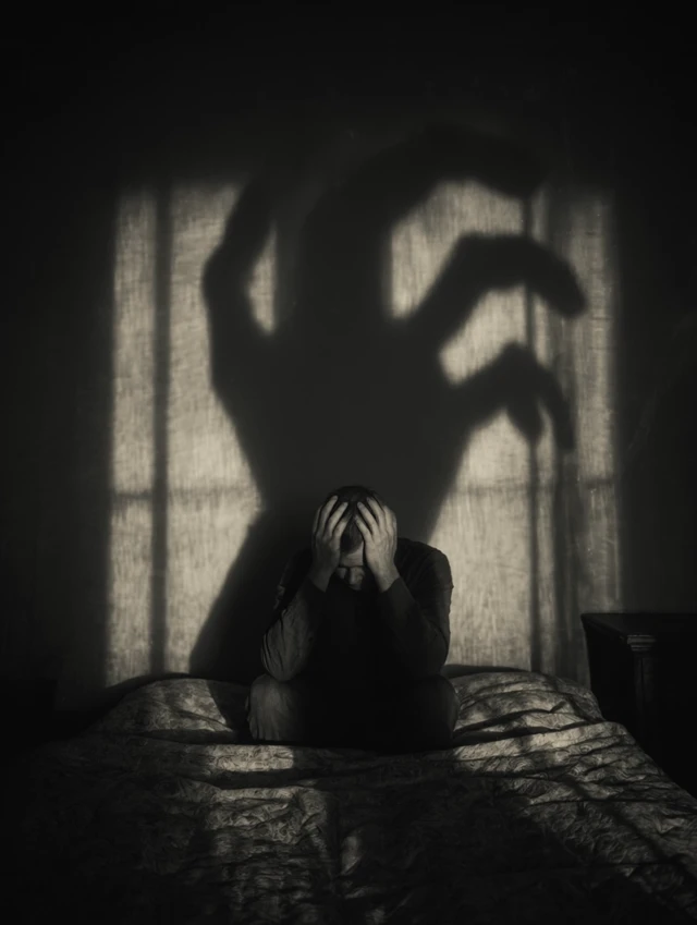 Man Overwhelmed by Shadow Anxiety and Fear