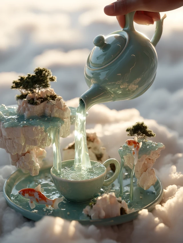 Whimsical Cloud Kingdom Tea Ceremony Art