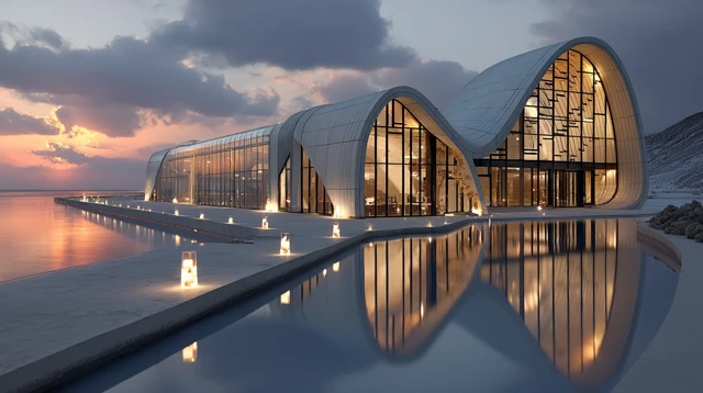 Futuristic Museum Design Glass Steel Sunset