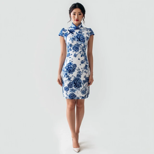 Chinese Girl in Blue Porcelain Cheongsam Dress