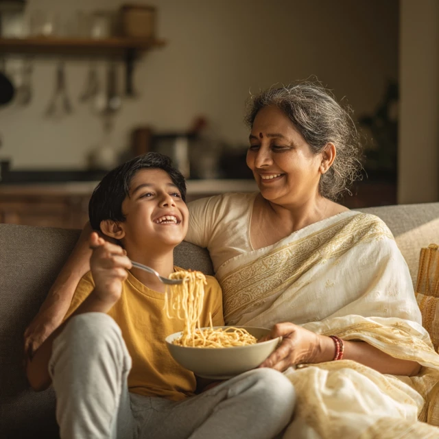 Joyful Family Moment Boy and Grandmother Eating Noodles