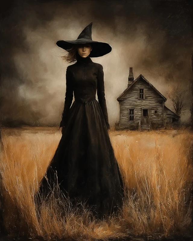 Eerie Witch in Black Robes Fantasy Art Painting