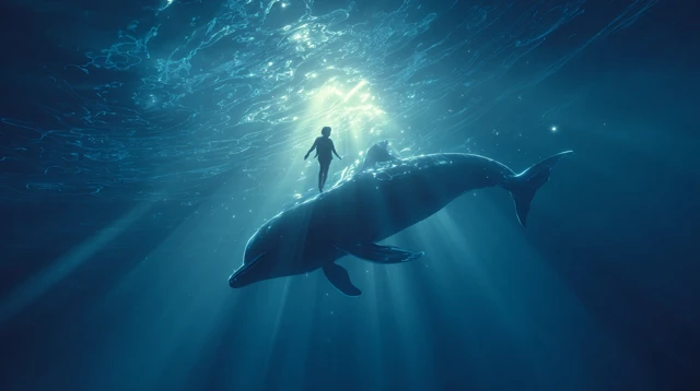 Underwater Scene Man and Dolphin Tranquil Dreamlike Anime
