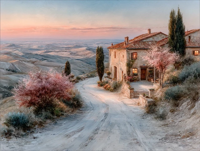 Tuscan Countryside Painting with Farmhouse and Sunset