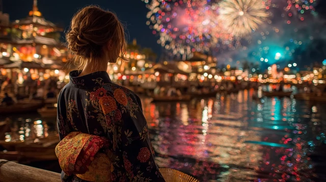 Japanese Woman Fireworks Festival Night Scene