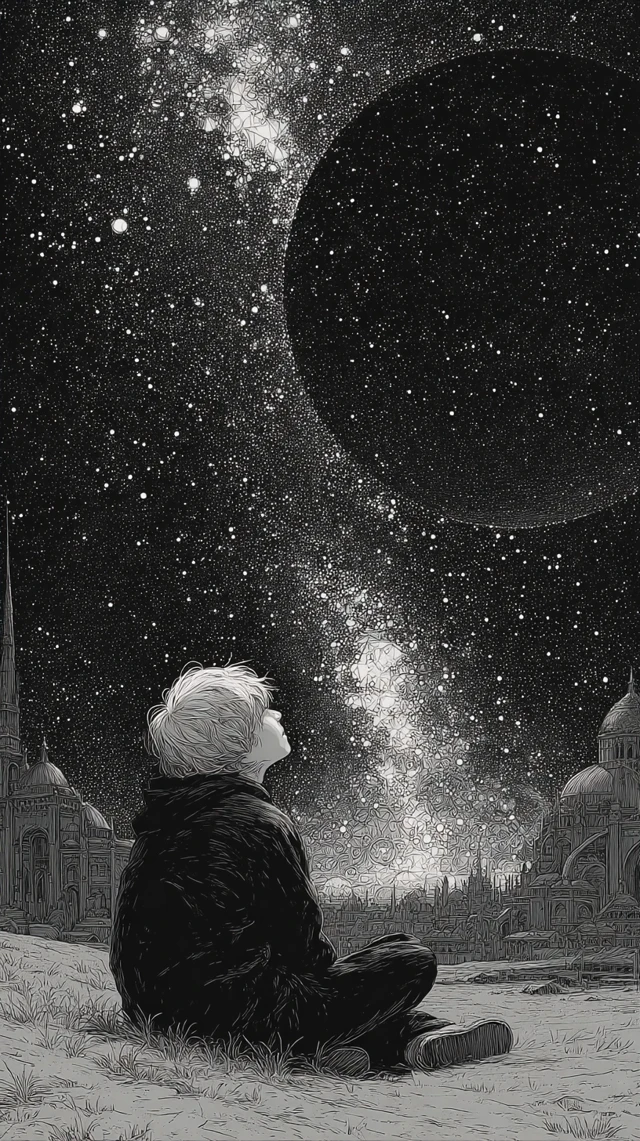 Meditating Figure Gazing at the Universe Vintage Art