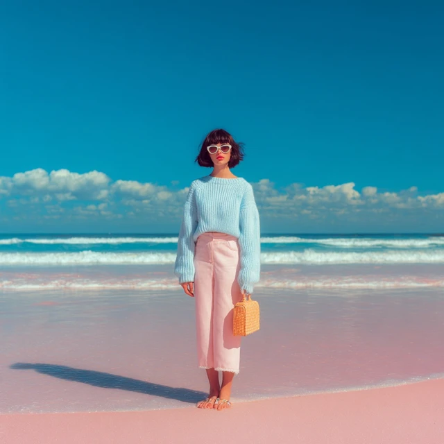 Girl on Beach Vacation Vogue Style Pastel Photo