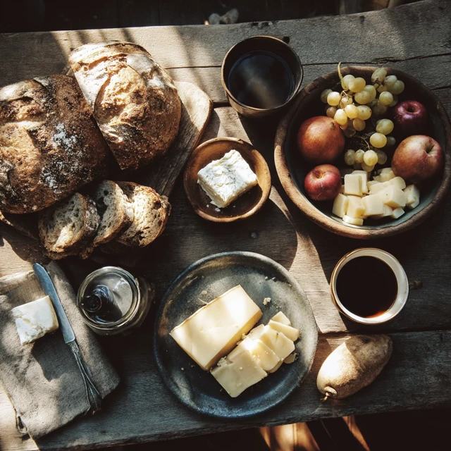 Rustic Breakfast Scene Bread Cheese Fruits Coffee