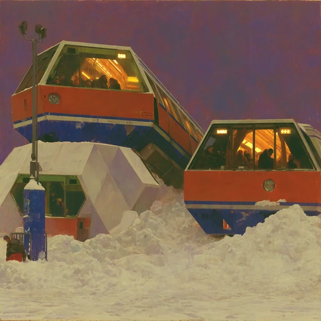 Derelict Futuristic Train Stranded in Snow