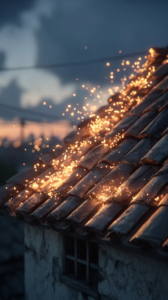 Electric Sparks on a Rustic Roof Cinematic Lighting