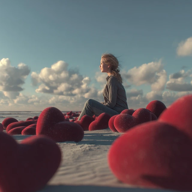 Woman on Beach Surrounded by 3D Hearts