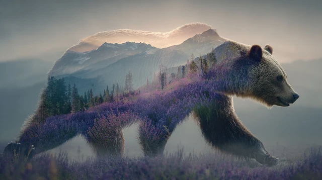 Grizzly Bear Double Exposure with Lavender Mountains